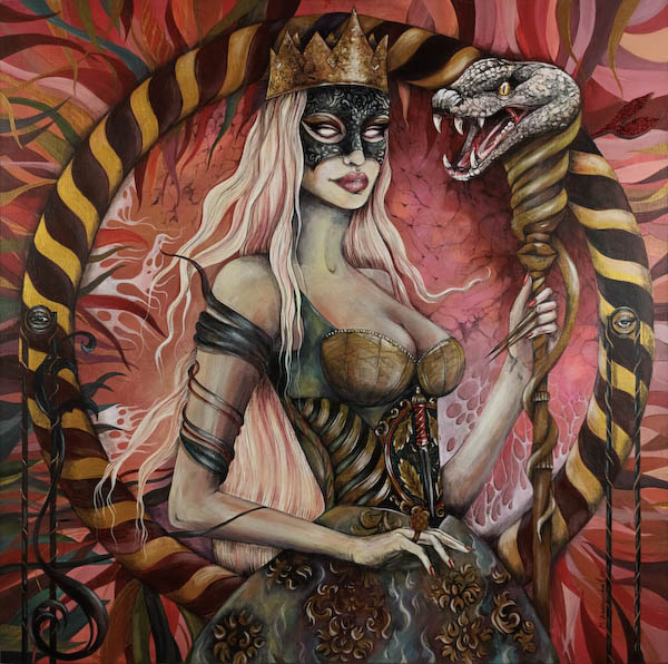 Alchemy of Power - 2025 Małgorzata Bańkowska. Surreal painting on canvas, acrylin and 24k gold.