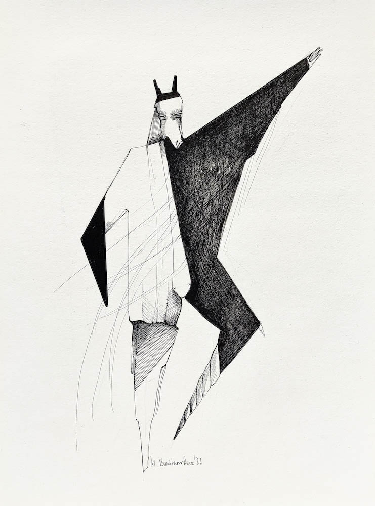 Mr. Horse. Drawing, ink on paper. 2022 Małgorzata Bańkowska. Surreal artist from Poland. Artist sketchbook. NFT Artist, biomechanics. Auctions.