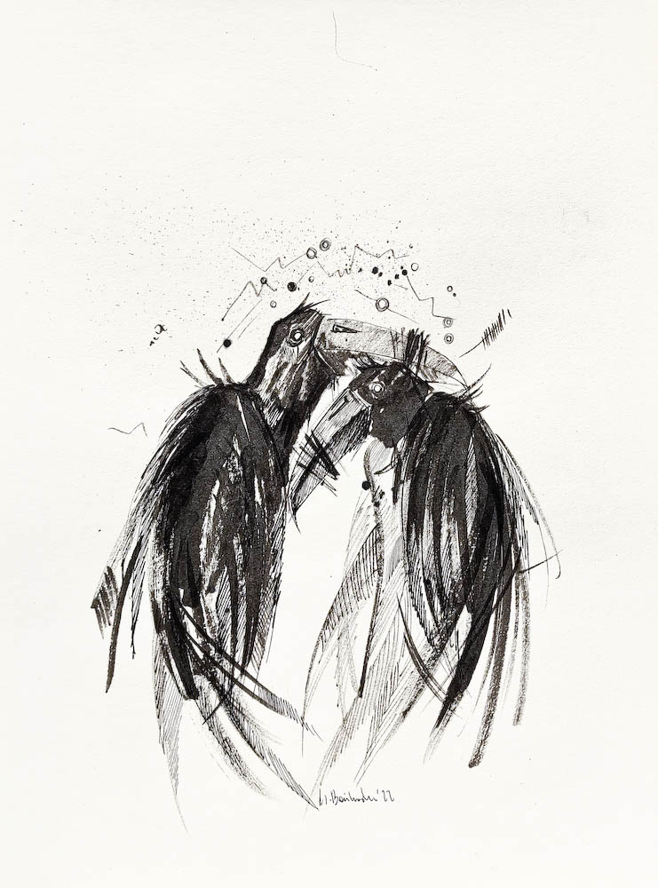 Dusk, ink on paper. 2022 Małgorzata Bańkowska. Surreal artist from Poland. Artist sketchbook. NFT Artist, biomechanics. Auctions.