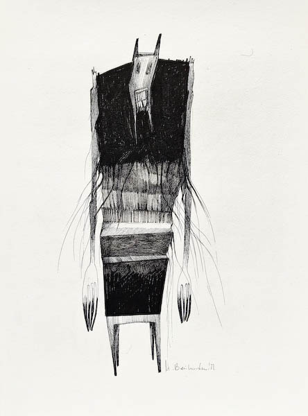 W. Drawing, ink on paper. 2022 Małgorzata Bańkowska. Surreal artist from Poland. Artist sketchbook. NFT Artist, biomechanics. Auctions.