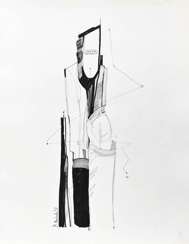 Singularity. Drawing, ink on paper. 2022 Małgorzata Bańkowska. Surreal artist from Poland. Artist sketchbook. NFT Artist, biomechanics. Auctions.