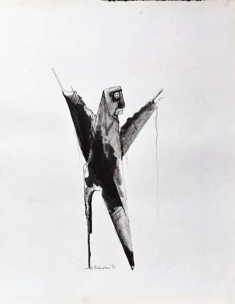 Dance with Me. Drawing, ink on paper. 2022 Małgorzata Bańkowska. Surreal artist from Poland. Artist sketchbook. NFT Artist, biomechanics. Auctions.