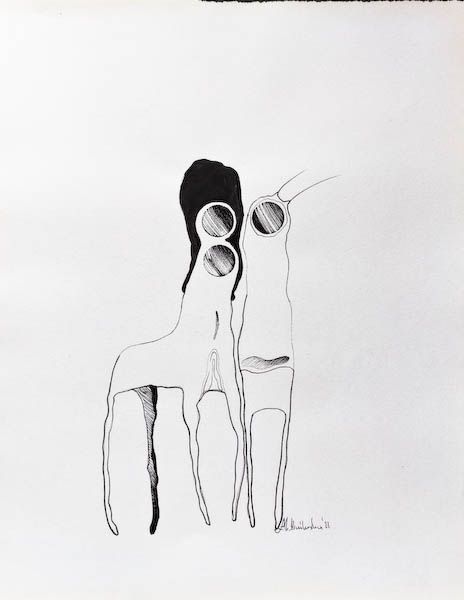 Alpacas. Drawing, ink on paper. 2022 Małgorzata Bańkowska. Surreal artist from Poland. Artist sketchbook. NFT Artist, biomechanics. Auctions.