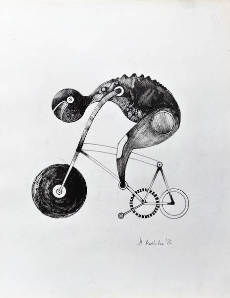 Xcycle. Drawing, ink on paper. 2022 Małgorzata Bańkowska. Surreal artist from Poland. Artist sketchbook. NFT Artist, biomechanics. Auctions.