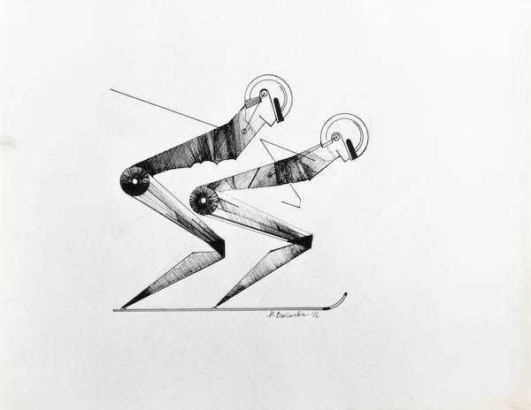 Double Slalom. Drawing, ink on paper. 2022 Małgorzata Bańkowska. Surreal artist from Poland. Artist sketchbook. NFT Artist, biomechanics. Auctions.