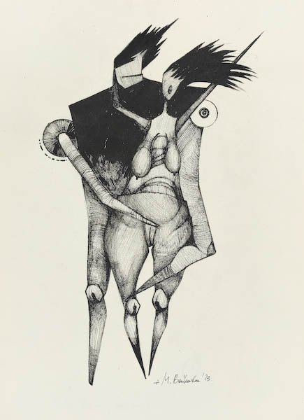 His Only Female Friend 2023, Małgorzata Bańkowska mono stereo rysunek tuszem na papierze ink artwork ink drawing on paper dystopian art surrealizm sztuka dystopijna