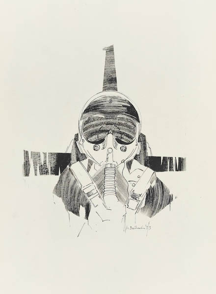 F-16 Pilot 2023, Małgorzata Bańkowska mono stereo rysunek tuszem na papierze ink artwork ink drawing on paper dystopian art surrealizm sztuka dystopijna