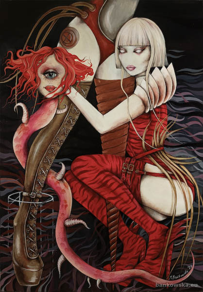 DREAM, a surrealist painting by Małgorzata Bańkowska showing a pale-haired woman holding a red-haired head beside a fragmented third figure.