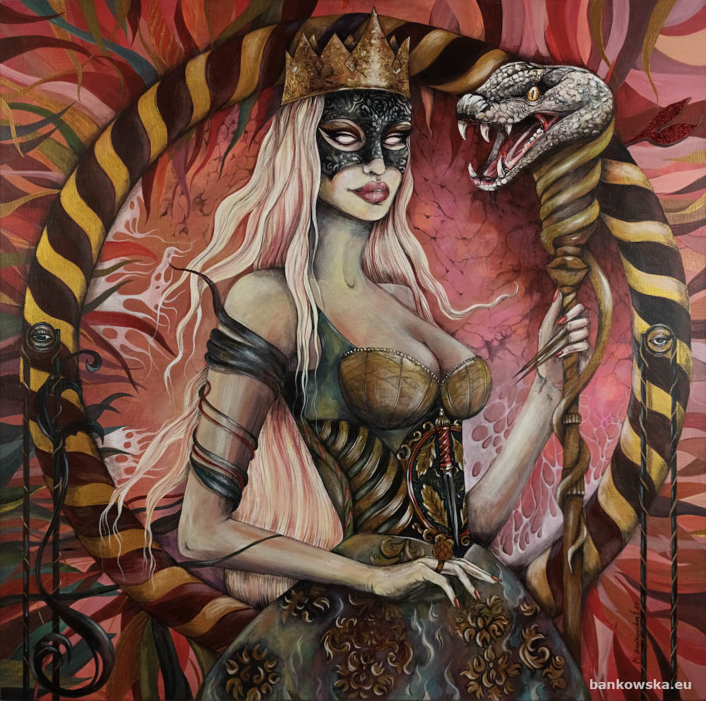 Alchemy of Power - 2025 Małgorzata Bańkowska. Surreal painting on canvas, acrylin and 24k gold.