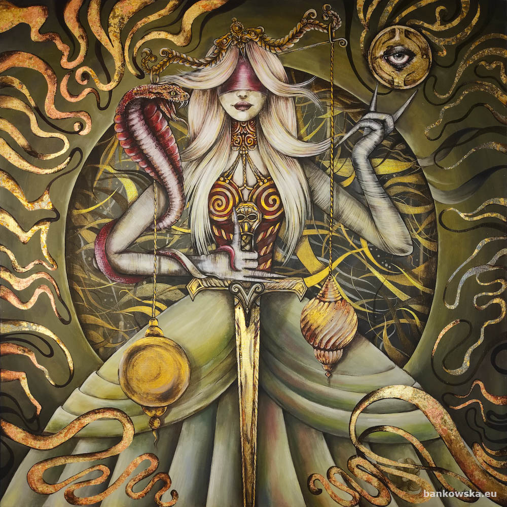 Temida, 2023 Małgorzata Bańkowska. Acrylic and gold on canvas. Polish surreal artist - paintings, drawings, sculptures.
