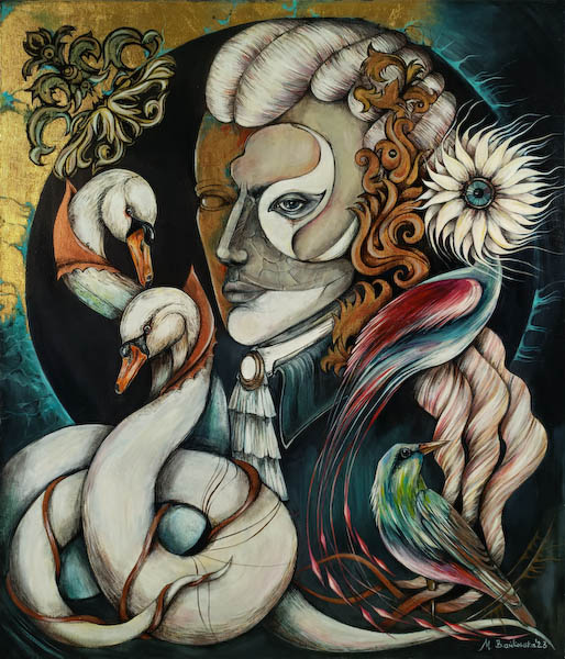 Mozart - 2023 Małgorzata Bańkowska. Surreal painting on canvas inspired by Amadeus Mozart.