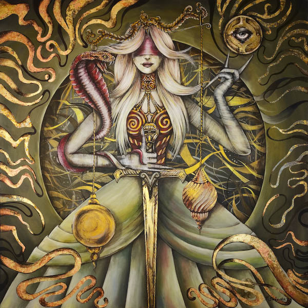 Temida, 2023 Małgorzata Bańkowska. Acrylic and gold on canvas. Polish surreal artist - paintings, drawings, sculptures.