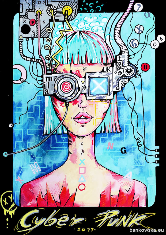 Contemporary surreal pop art painting with cyberpunk body modification themes
