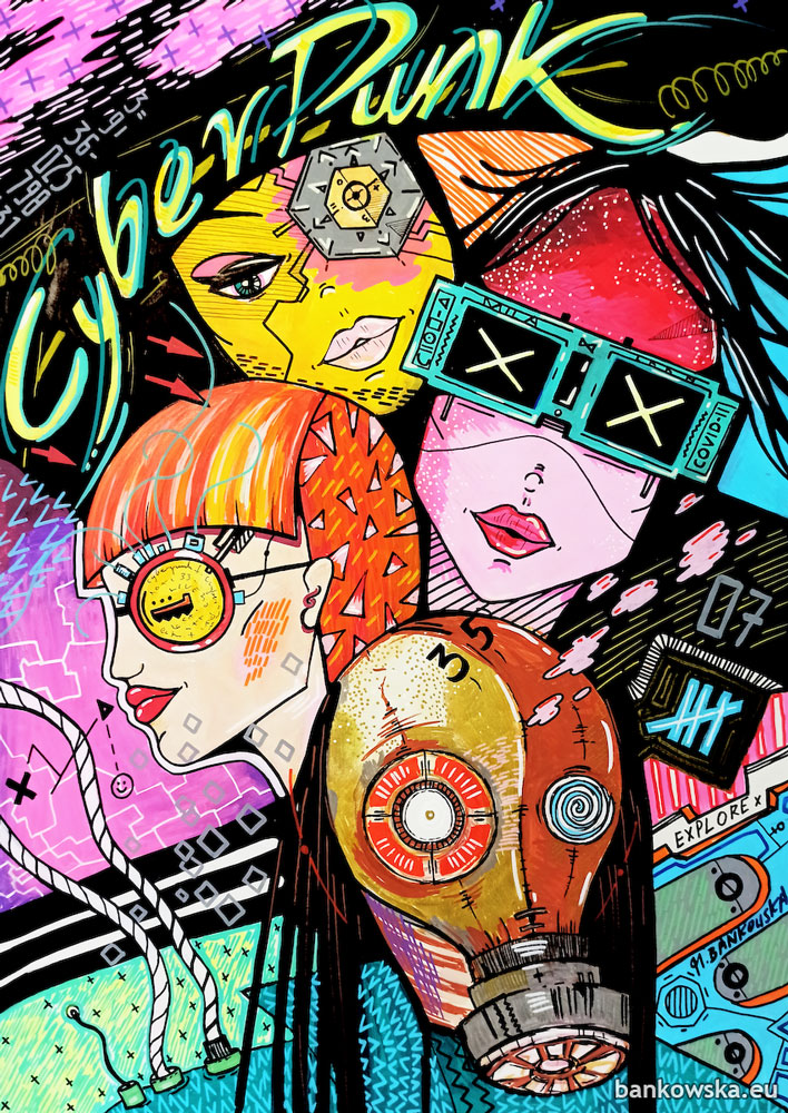 Contemporary surreal pop art painting with cyberpunk symbolism