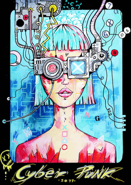 Surreal pop art painting inspired by cyberpunk culture and gaming symbolism