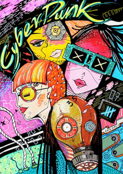 Surreal pop art painting inspired by cyberpunk aesthetics and technology