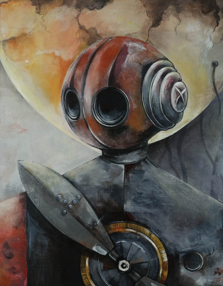 dark surreal painting of human-machine hybrid in dystopian world
