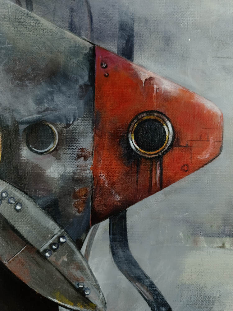 surreal dystopian humanoid figure with mechanical core in post-apocalyptic environment