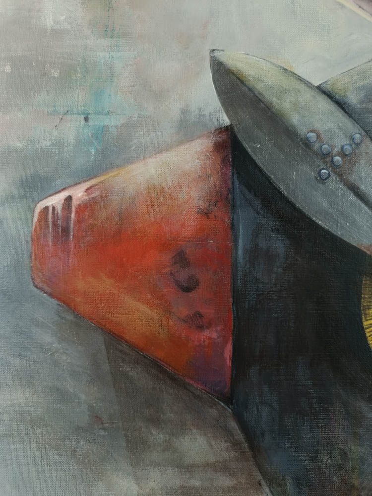 surreal dystopian painting showing transformation of human into machine