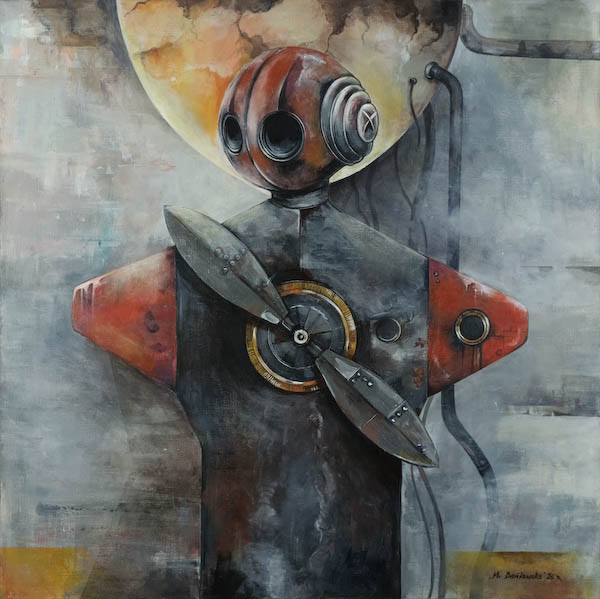 surreal dystopian humanoid figure with mechanical core in post-apocalyptic environment