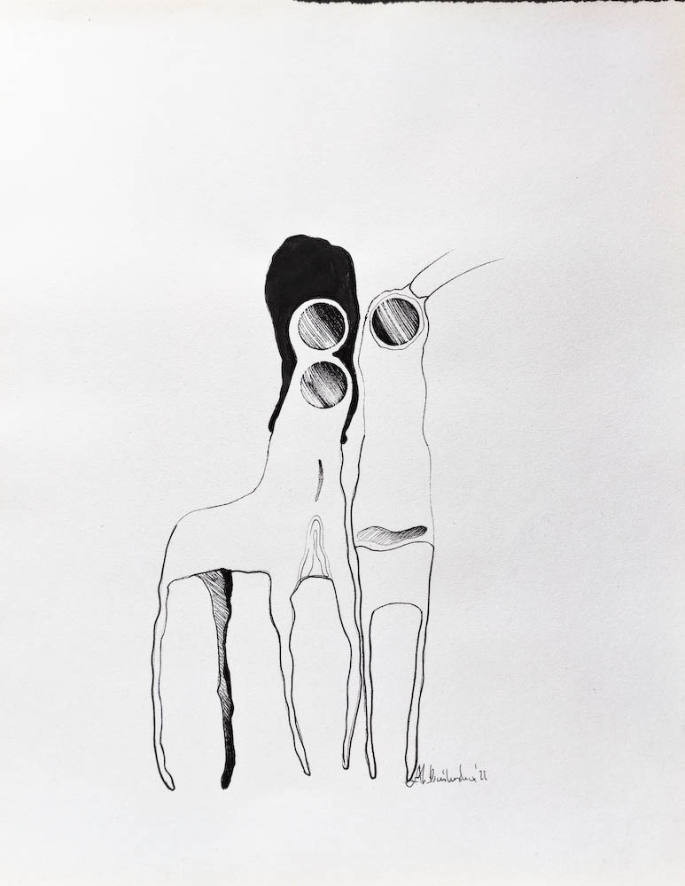 Alpacas. Drawing, ink on paper. 2022 Małgorzata Bańkowska. Surreal artist from Poland. Artist sketchbook. NFT Artist, biomechanics. Auctions.