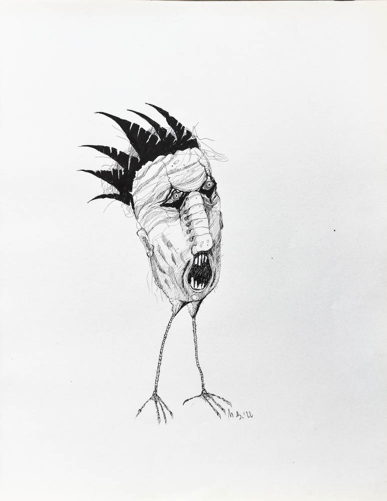 Birdy. Drawing, ink on paper. 2022 Małgorzata Bańkowska. Surreal artist from Poland. Artist sketchbook. NFT Artist, biomechanics. Auctions.