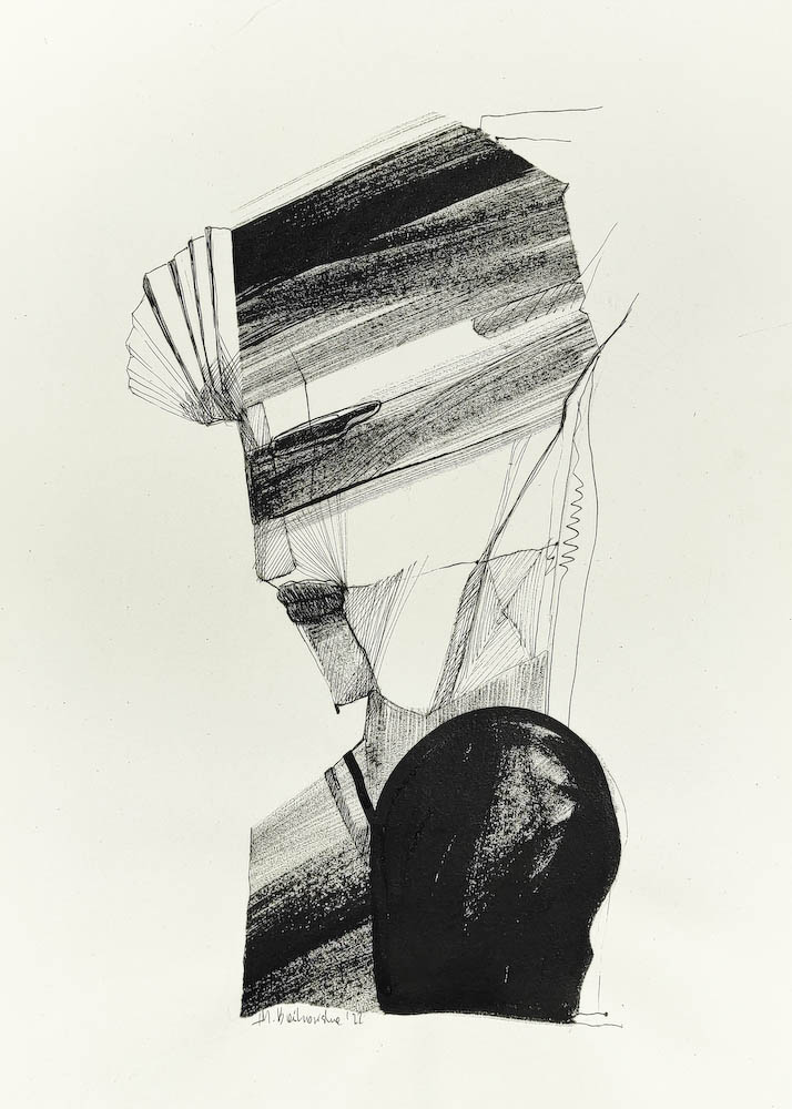 Elbow Man 2022, Małgorzata Bańkowska mono stereo rysunek tuszem na papierze dystopia ink on paper dystopian art surrealism dystopijna sztuka polska surreal artist