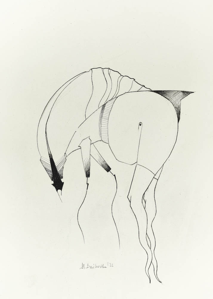 Parasite 2022, Małgorzata Bańkowska mono stereo rysunek tuszem na papierze dystopia ink on paper dystopian art surrealism dystopijna sztuka polska surreal artist