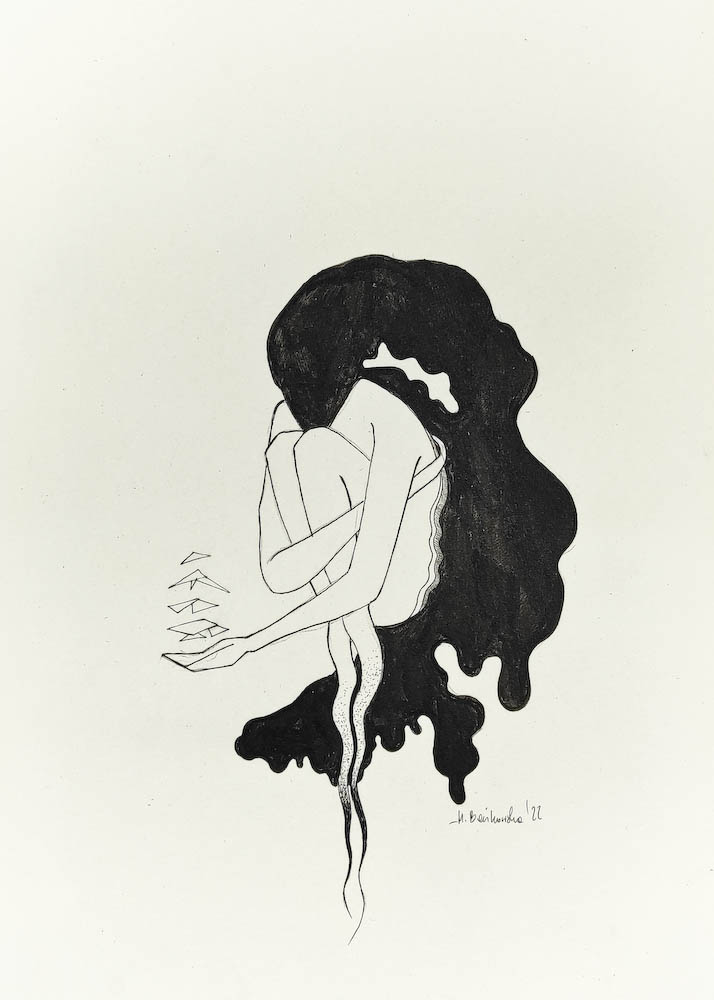 Shadow 2022, Małgorzata Bańkowska mono stereo rysunek tuszem na papierze dystopia ink on paper dystopian art surrealism dystopijna sztuka polska surreal artist
