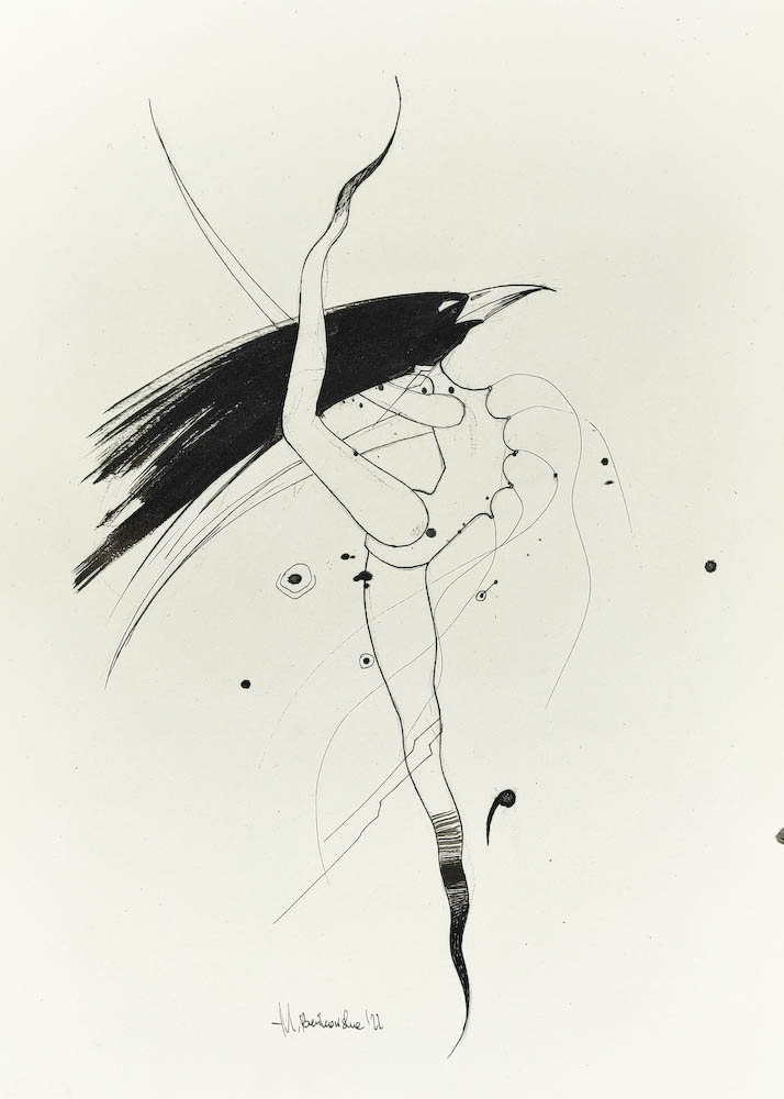 Raven Ballet 2022, Małgorzata Bańkowska mono stereo rysunek tuszem na papierze dystopia ink on paper dystopian art surrealism dystopijna sztuka polska surreal artist