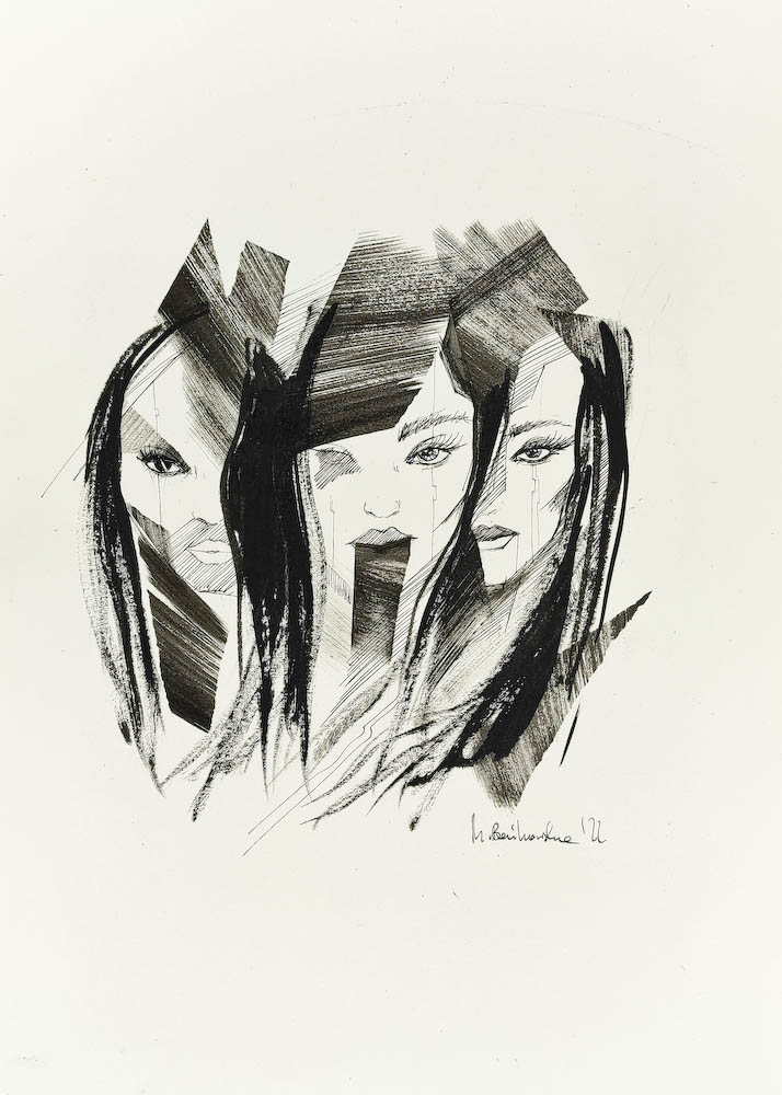 Amazons 2022, Małgorzata Bańkowska mono stereo rysunek tuszem na papierze dystopia ink on paper dystopian art surrealism dystopijna sztuka polska surreal artist