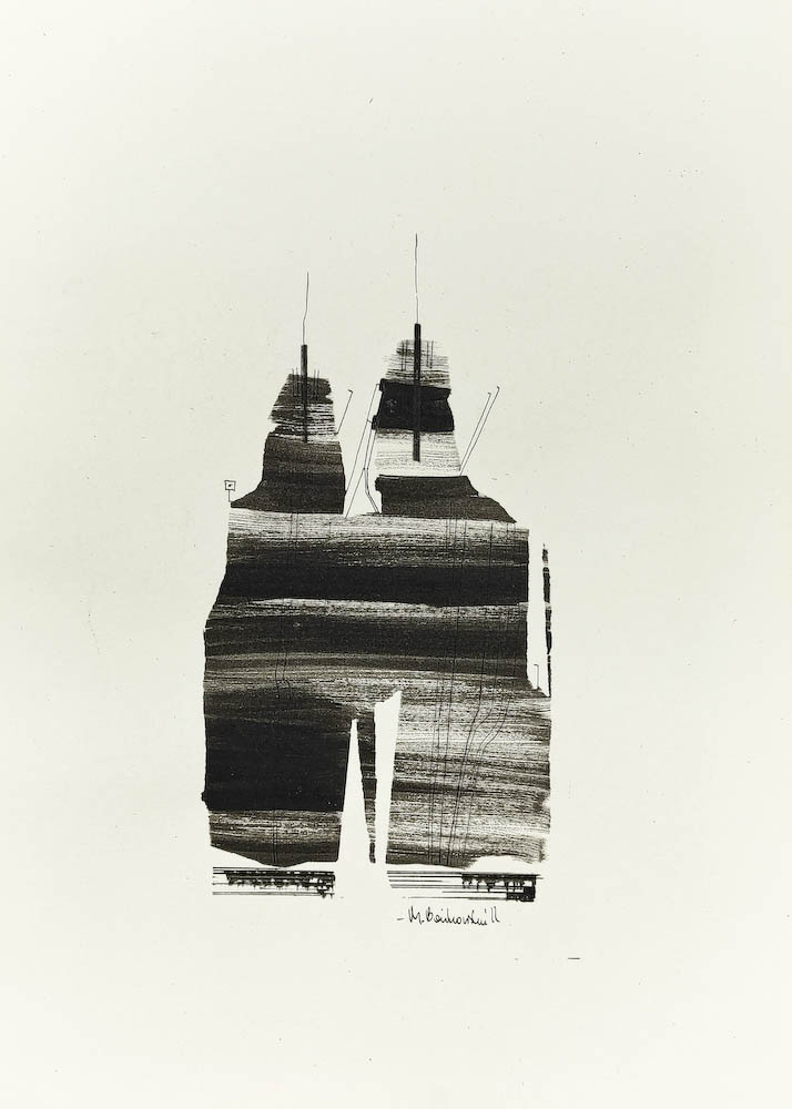 M 2022, Małgorzata Bańkowska mono stereo rysunek tuszem na papierze dystopia ink on paper dystopian art surrealism dystopijna sztuka polska surreal artist