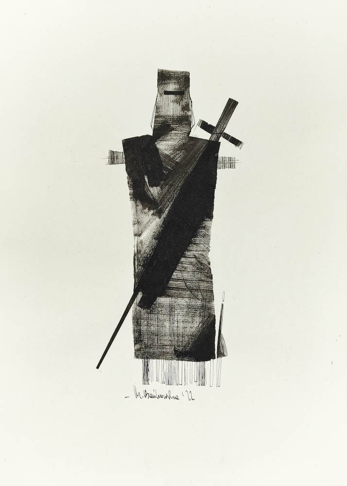 Knight 2022, Małgorzata Bańkowska mono stereo rysunek tuszem na papierze dystopia ink on paper dystopian art surrealism dystopijna sztuka polska surreal artist