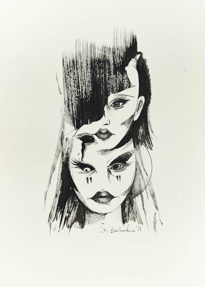 Sylwester 22 2022, Małgorzata Bańkowska mono stereo rysunek tuszem na papierze ink artwork ink drawing on paper dystopian art surrealizm sztuka dystopijna