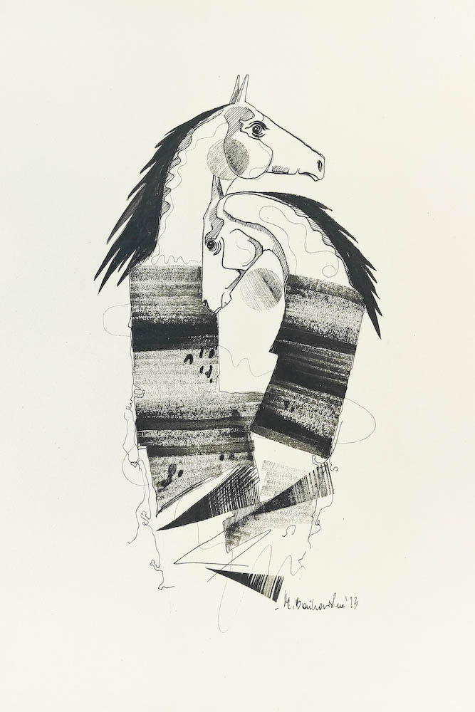 Horses 2023, Małgorzata Bańkowska mono stereo rysunek tuszem na papierze ink artwork ink drawing on paper dystopian art surrealizm sztuka dystopijna