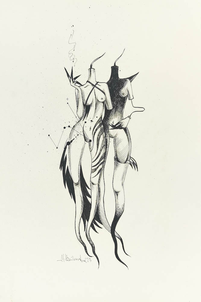Santry 2023, Małgorzata Bańkowska mono stereo rysunek tuszem na papierze ink artwork ink drawing on paper dystopian art surrealizm sztuka dystopijna