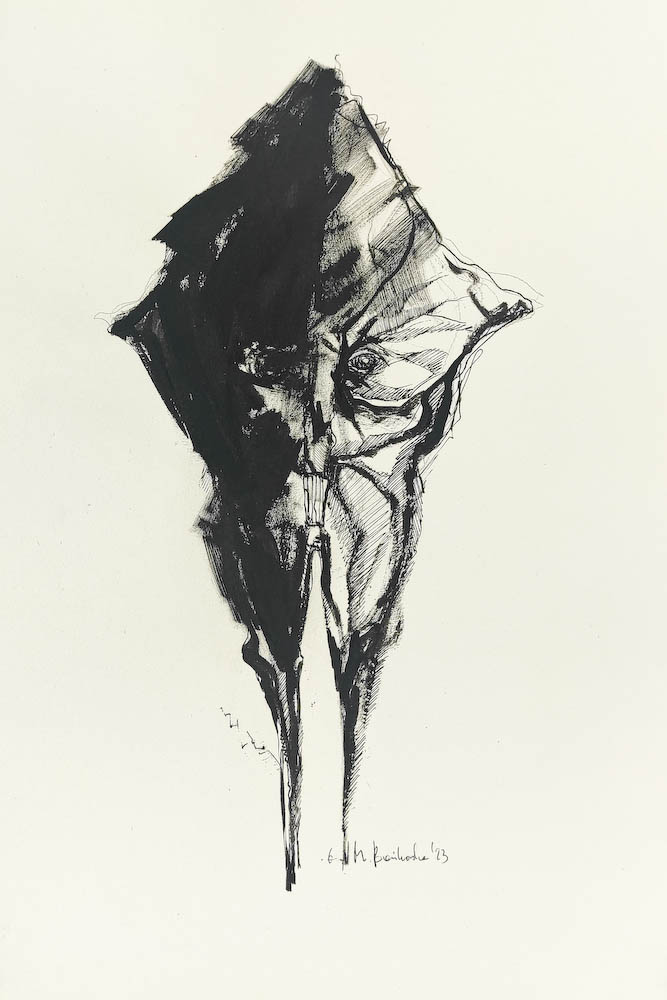 Being 2023, Małgorzata Bańkowska mono stereo rysunek tuszem na papierze ink artwork ink drawing on paper dystopian art surrealizm sztuka dystopijna