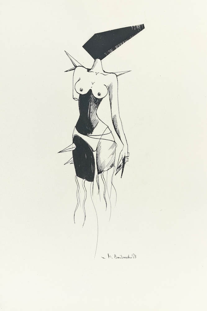 Atena 2023, Małgorzata Bańkowska mono stereo rysunek tuszem na papierze ink artwork ink drawing on paper dystopian art surrealizm sztuka dystopijna