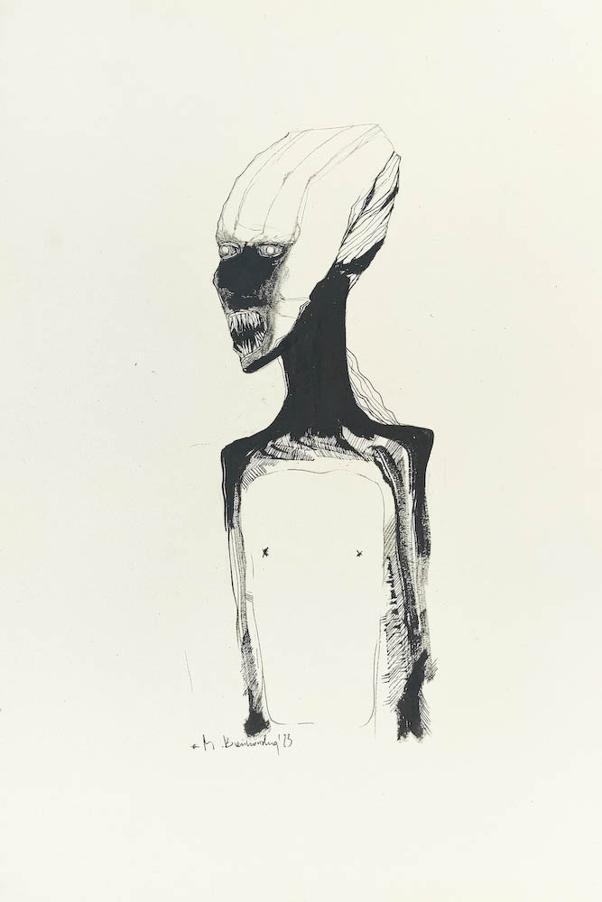 Spectre 2023, Małgorzata Bańkowska mono stereo rysunek tuszem na papierze ink artwork ink drawing on paper dystopian art surrealizm sztuka dystopijna