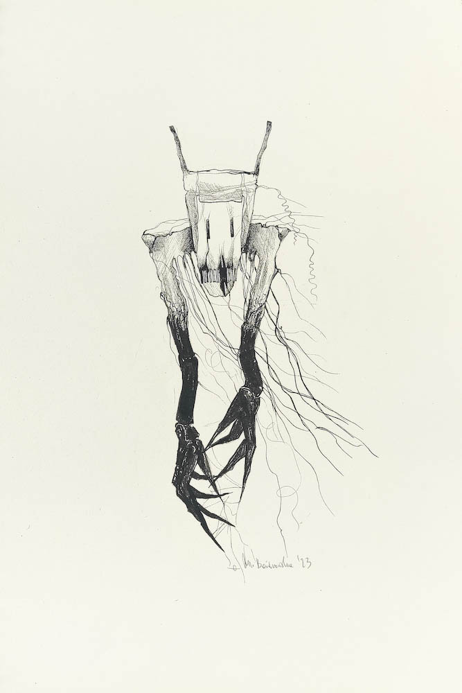 Weaver 2023, Małgorzata Bańkowska mono stereo rysunek tuszem na papierze ink artwork ink drawing on paper dystopian art surrealizm sztuka dystopijna