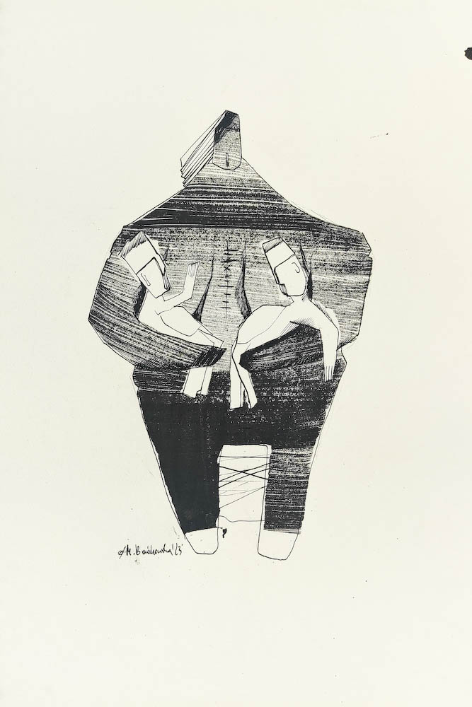 Mother of Twins 2023, Małgorzata Bańkowska mono stereo rysunek tuszem na papierze ink artwork ink drawing on paper dystopian art surrealizm sztuka dystopijna