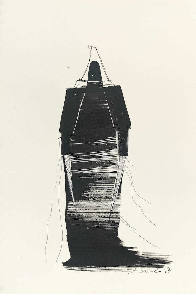 Grey Eminence 2023, Małgorzata Bańkowska mono stereo rysunek tuszem na papierze ink artwork ink drawing on paper dystopian art surrealizm sztuka dystopijna