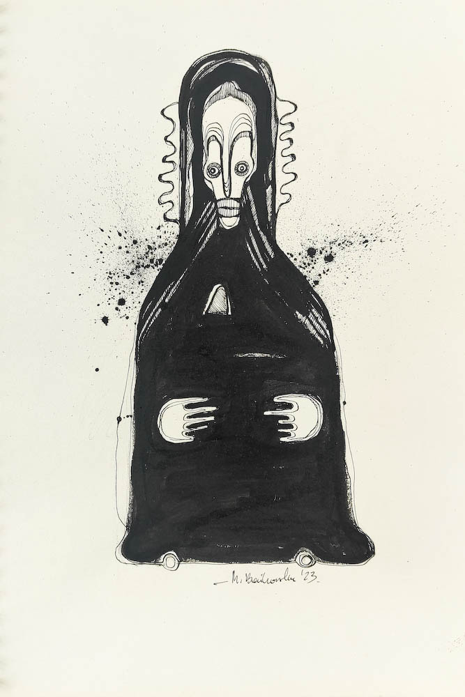 Missionary 2023, Małgorzata Bańkowska mono stereo rysunek tuszem na papierze ink artwork ink drawing on paper dystopian art surrealizm sztuka dystopijna
