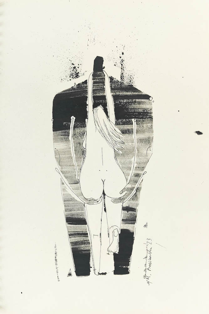 Date 2023, Małgorzata Bańkowska mono stereo rysunek tuszem na papierze ink artwork ink drawing on paper dystopian art surrealizm sztuka dystopijna
