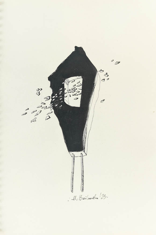 Filter 2023, Małgorzata Bańkowska mono stereo rysunek tuszem na papierze ink artwork ink drawing on paper dystopian art surrealizm sztuka dystopijna