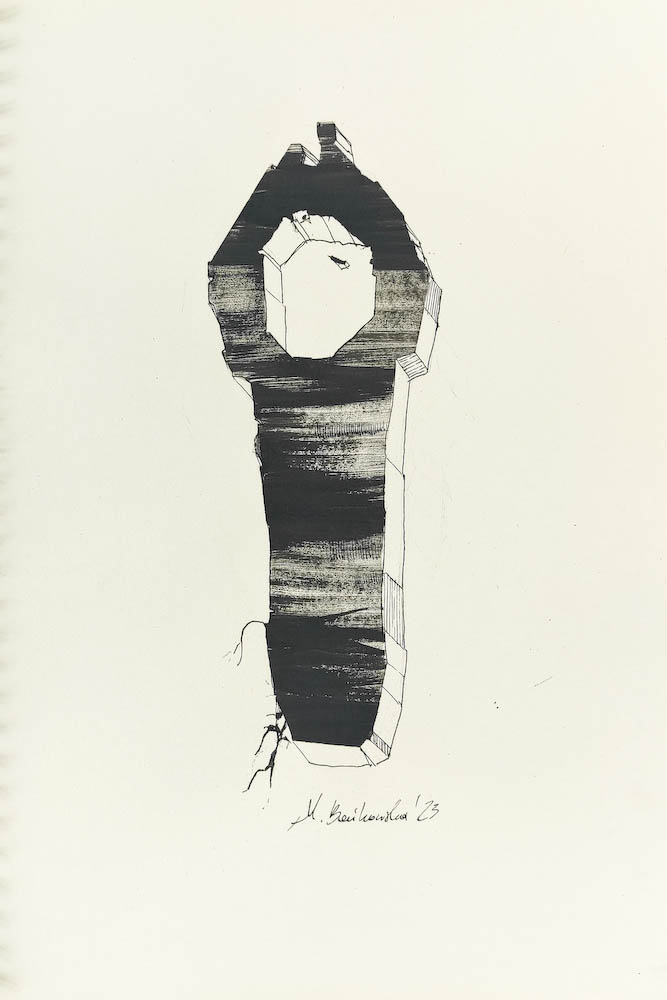 Key to the Tatra Mountains 2023, Małgorzata Bańkowska mono stereo rysunek tuszem na papierze ink artwork ink drawing on paper dystopian art surrealizm sztuka dystopijna