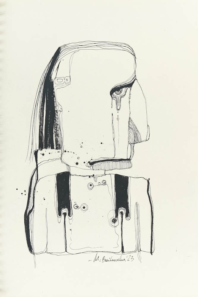 Sorrow 2023, Małgorzata Bańkowska mono stereo rysunek tuszem na papierze ink artwork ink drawing on paper dystopian art surrealizm sztuka dystopijna