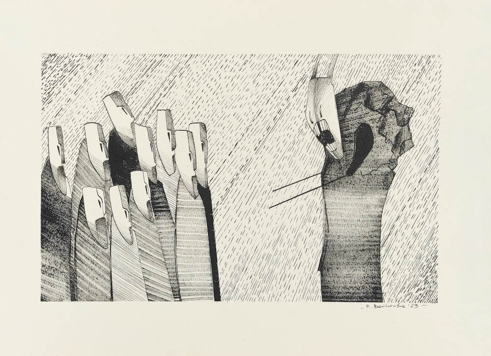 Sermon 2023, Małgorzata Bańkowska mono stereo rysunek tuszem na papierze ink artwork ink drawing on paper dystopian art surrealizm sztuka dystopijna