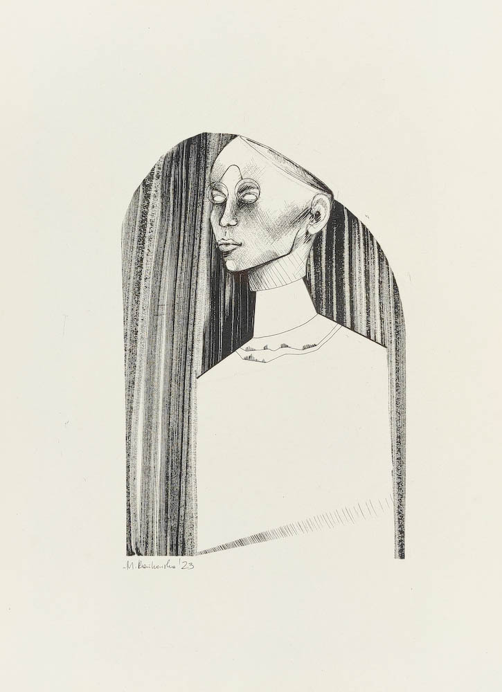 Amnesia 2023, Małgorzata Bańkowska mono stereo rysunek tuszem na papierze ink artwork ink drawing on paper dystopian art surrealizm sztuka dystopijna