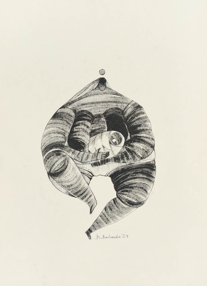 U-mama 2023, Małgorzata Bańkowska mono stereo rysunek tuszem na papierze ink artwork ink drawing on paper dystopian art surrealizm sztuka dystopijna